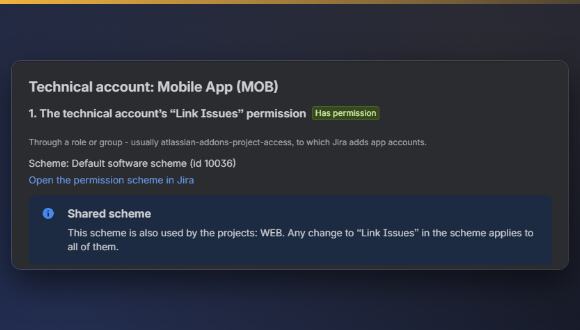 Setting up the technical account: the app checks its own permission and warns when a permission scheme is shared by other projects.